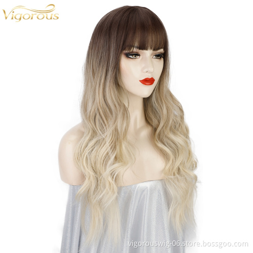 Vigorous Natural Cosplay Synthetic Non Lace Front 24 Inch Long Wavy Ombre Wig Synthetic Hair Wigs With Bangs For Black Women